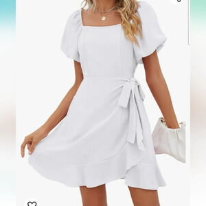 SAMPEEL Womens Square Neck Puff Sleeve Dresses Summer Tie Waist Dress